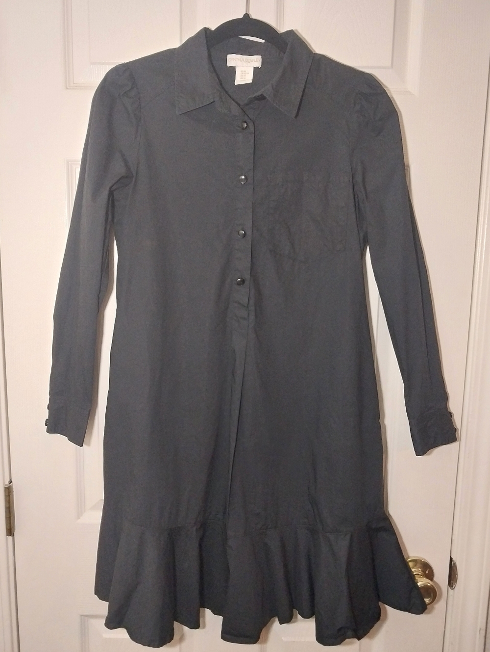 Cynthia Rowley Black Long-Sleeve Ruffle-Hem Shirt Dress Size XS